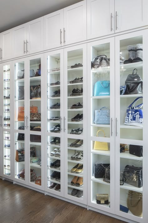 Barton Creek closet of our dreams! Slanted shoe shelves, glass doors, purse storage, AND lighting. Let us design a luxurious closet for you today! Dream Closet Ideas, Housing Decor, Reno House, Groovy Room, Master Closet Design, Luxury Closets, Closets Design, Glass Closet, Custom Closet Design