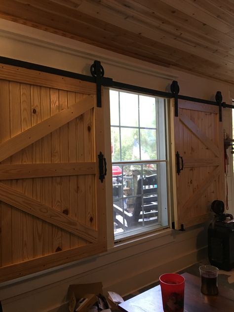 Sliding Window Shutters Indoor, Sliding Barn Door With Window, Rustic Window Treatments Farmhouse Style, Barn Window Ideas, Barn Door Window Covering, Barn Door With Glass, Window Shutters Indoor, Build A Barn Door, Shutters Indoor