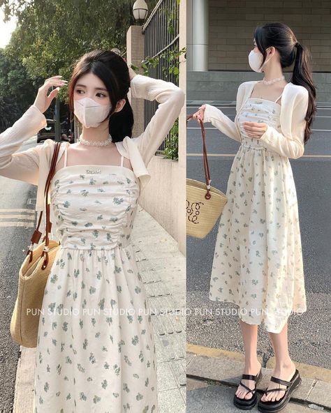 Korean Dresses Aesthetic, Korea Summer Outfit, Midi Dress With Cardigan, Korean Floral Dress, Flower Dresses Outfit, Modest Girly Outfits, Chinese Fancy Dress, Rok Outfit, Floral Dress Outfits