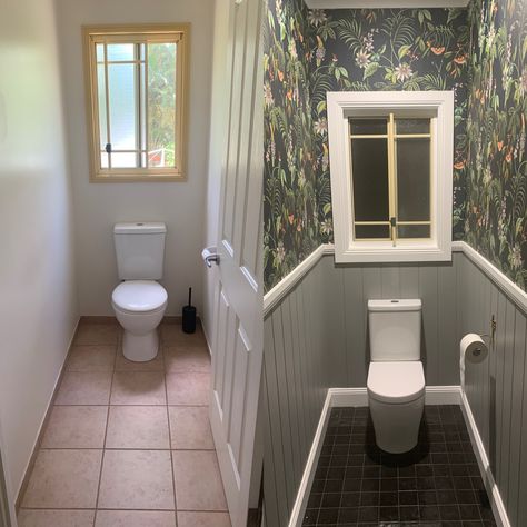 Dado Rail Bathroom Ideas, Dado Rail Bathroom, Black Panelling Toilet, Small Toilet Wood Panelling, Tongue And Groove Cloakroom, Dado Rail Downstairs Toilet, Tropical Cloakroom Toilet, Small Toilet Room Dado Rail, Tropical Toilets