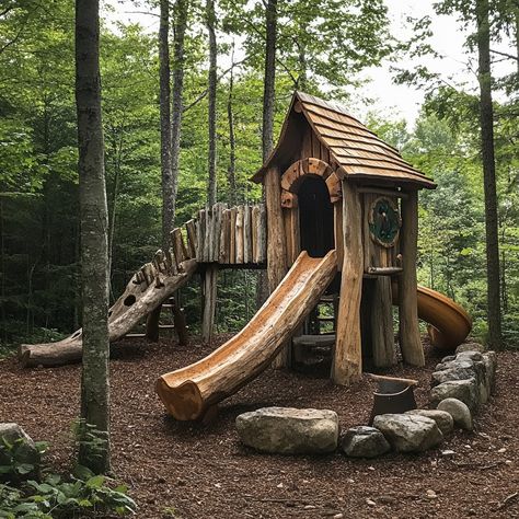 Log Playground Ideas, Nature Inspired Playground, Nature Playground Ideas, Mushroom Playground, Nature Play Backyard, Home Playground Ideas, Log Playground, Backyard Ideas For Kids, Forest Playground