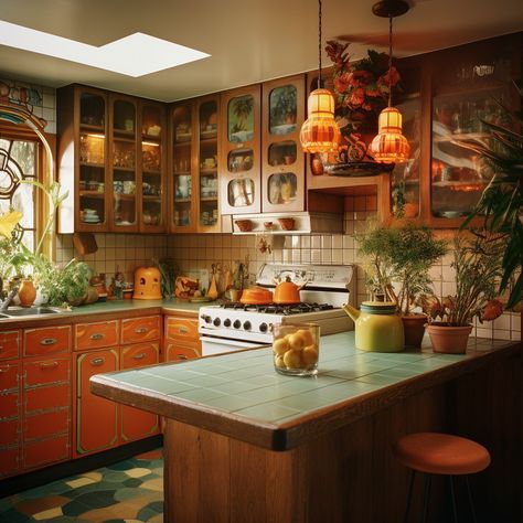 Retro Boho Kitchen Ideas, Modern 1950s Kitchen, 70s Home Aesthetic Kitchen, Cozy Eclectic Kitchen, 60s Apartment Aesthetic, 70s Aesthetic Kitchen, 60s Kitchen Aesthetic, Eclectic Kitchen Cabinets, 80s Kitchen Aesthetic