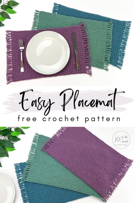 Easy Free Crochet Placemat Pattern - Modern Placemats | Jo to the World Creations Free Placemats Patterns, Crochet Mat Free Patterns, Placemats Crochet Patterns, Crocheted Table Mats, Crochet Table Placemats Free Pattern, Easy Crochet Placemats, Crochet Table Mat Pattern, Crochet Decor Free Pattern, Placemats Patterns Crochet