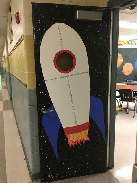 Space door decorating Spaceship Classroom Door, Spaceship Door Decoration, Spaceship Door, Class Door, Space Party, Classroom Door, Door Wall, Space Shuttle, Space Theme