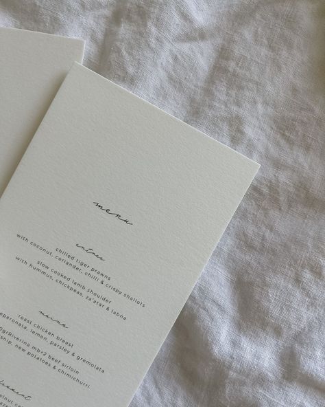 Wedding • Instagram Invitation Flat Lay Weddings, Classy Wedding Stationary, Wedding Reception Stationary, Wedding Menu Minimalist, White Wedding Stationary, Menu Graphic Design, Wedding Presentation, Wedding Menu Design, Wedding Menu Ideas