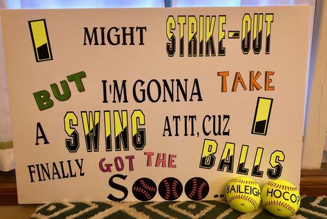 Softball Themed Hoco Proposals, Hoco Poster Ideas Softball, Hoco Sign Ideas Softball, Softball Hoco Proposals Ideas, Homecoming Proposal Ideas Softball, Prom Proposal Softball Ideas, Softball Homecoming Proposals, Cute Hoco Signs Softball, Softball Hoco Proposals