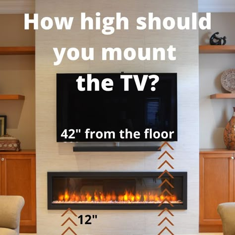 We get this question a LOT!  Here's a quick formula for getting your electric fireplace at a nice viewing height, without pushing the TV too far up the wall. Shiplap Wall Tv Room, Beach Home Fireplace, Fireplace Tv Wall Dimensions, Coastal Linear Fireplace Ideas, Electric Fireplace Placement, Rectangular Fireplace With Tv Above, Electric Fireplace In Basement, Wall Mounted Fireplace And Tv, Shiplap Fireplace Wall With Tv