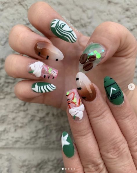 These Starbucks nail art ideas are perfect for your next manicure. Get inspired by ideas that feature everything from the mermaid to the Frappuccino. Starbucks Inspired Nails, Starbucks Nail Art, Starbucks Nails Designs, Iced Coffee Nails, Boba Nails, Coffee Nails Designs, Coffee Nail Art, Starbucks Nails, Drinks Art