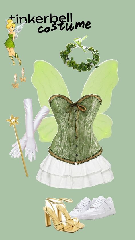 Green Corset Outfit Halloween, Tinker Bell Accessories, College Tinkerbell Costume, Fairy Accessories Costume, Tinker Bell Corset Costume, Tinkerbell Corset Costume, Tinkerbell Costume Corset, Tinker Bell Outfit Ideas, Green Corset Halloween Costume