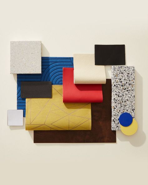 Inspired by the early 20th-century design and architecture movement, this collection blends surrealist patterns and smooth textures with bold pops of primary colors to create a look that’s beautifully geometric and wholly avant-garde. Primary Color Palette, Color Palette Interior, Architecture Movement, Color Palette Interior Design, Game Effect, Arch Interior, Material Board, Bauhaus Style, Smooth Texture