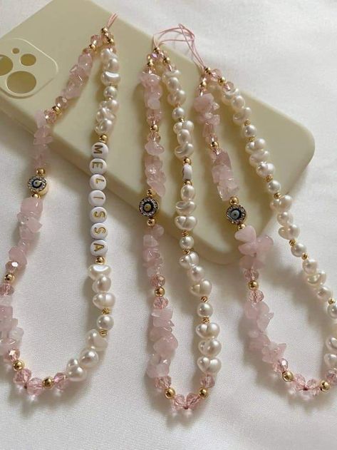 Phone Case Beads Chain Aesthetic, Gemstone Phone Strap, Crystals Beads Necklace, Beaded Necklace With Name, Rose Quartz Necklace Beads, Phone Chain Beads Aesthetic, Stone Beads Jewelry, Diy Elegant Jewelry, Pink Pearl Chain Beaded Necklaces With Round Beads