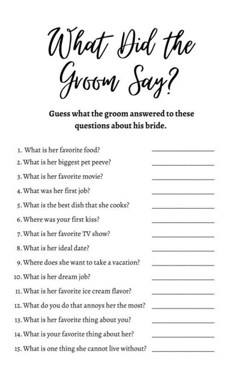 Can the guests of your bridal shower guess how the groom would answer these questions about his bride? Does he know her favorite movie, color, or food and more, and will your guests? This is the perfect game to use to get your guests talking and having fun! This will give you instant access to a pdf of the game sheets and the answer key. There are two per sheet. You will be able to print this file at your house or at a print shop.  NOTHING will be shipped as this listing is for a digital file. Does The Groom Know The Bride, Bridal Shower Games Funny, Bridal Party Games, Wedding Shower Games, Future Wedding Plans, Perfect Game, Wedding Games, Favorite Movie, Bridal Shower Party