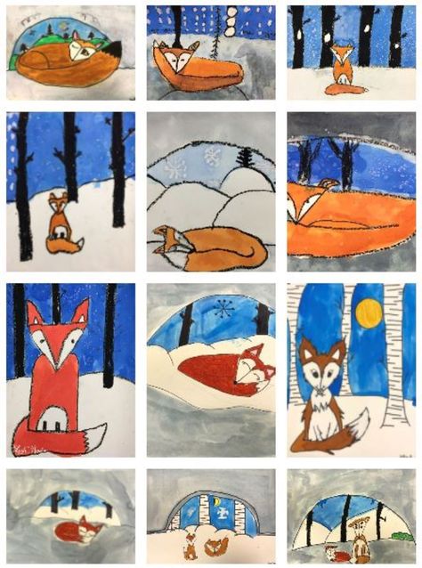 This Winter Fox is sly and cozy. Elementary students will study foreground, middle ground, background, and do a directed drawing with added personality. This project covers Common Core Standards for Science and Language Arts for grades 3-5 which can be found at the end of the lesson. Winter Directed Drawing For Kids, Winter Fox Art, Foreground Middle Ground Background, Ground Background, Xmas Activities, December Art, Art Sub Plans, Winter Art Lesson, Childrens Art Projects