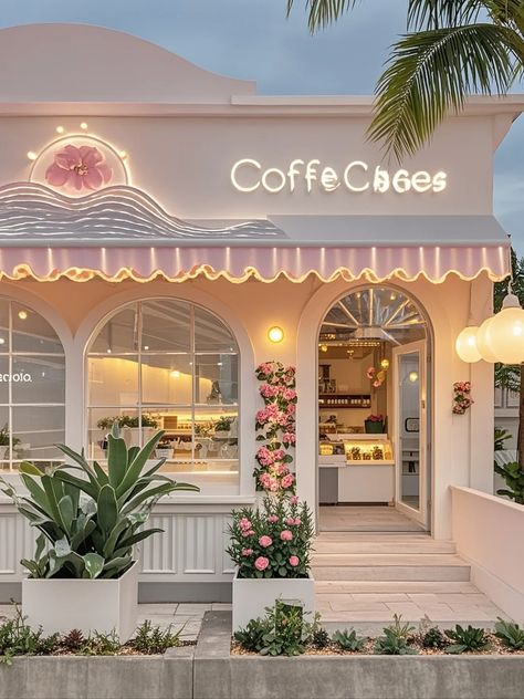 Pastry Cafe Interior Design, Romantic Cafe, Coquette Bakery, Small Cafe Design Exterior, Cute Cafe Ideas, Girly Coffee Shop, Colorful Coffee Shop, Clothing Boutique Decor, Flower Shop Interiors