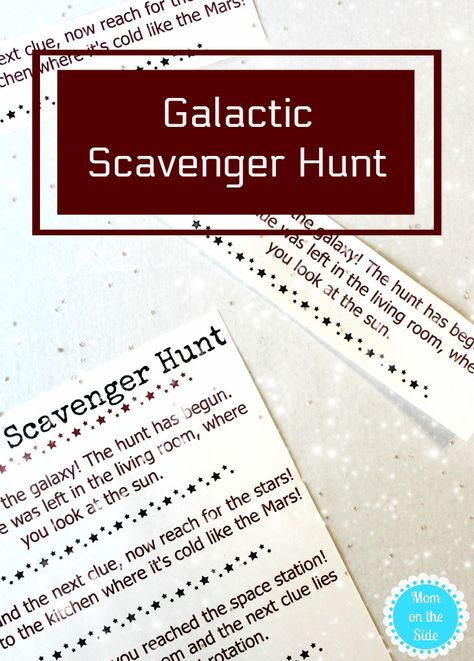 Printable galactic scavenger hunt clues for a space-themed scavenger hunt for kids! Plus, delicious breakfast stacks made with #EggoStarWarsPancakes! #ad #printables #scavengerhunt #kids #playtime #activities #forkids #space Space Themed Scavenger Hunt, Galaxy Party Games, Space Treasure Hunt, Space Scavenger Hunt, Galaxy Birthday Games, Stem Space Activities, Space Themed Games, Space Party Games, Outer Space Bingo Free Printable