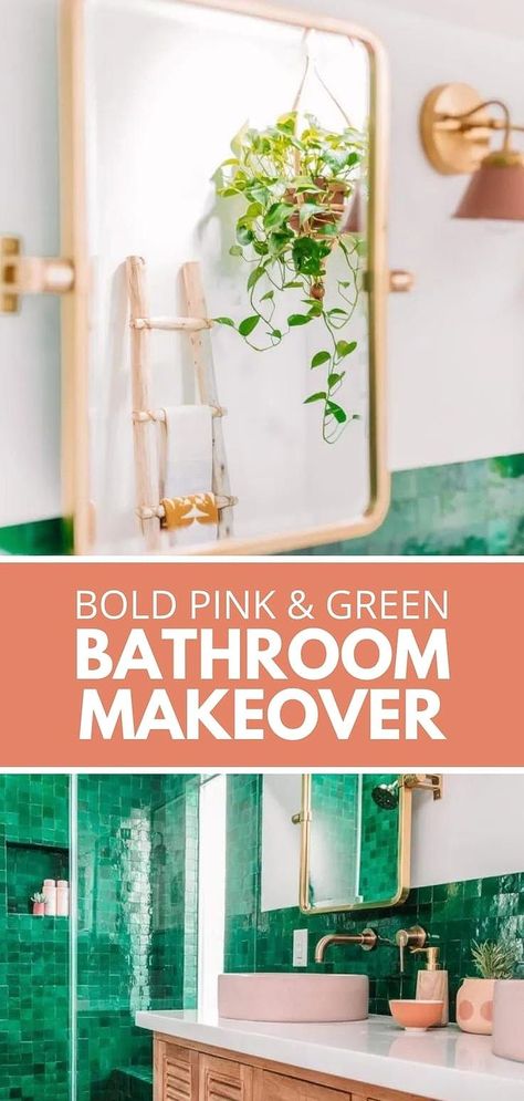 All the details of our pink & green master bathroom with plenty of green bathroom inspiration and ideas for your renovation. Pink Green Bathroom, Green Bathroom Inspiration, Bold Bathrooms, Pink And Green Bathroom, Green Bathrooms Inspiration, Green And Pink Bathroom, Lime Green Bathrooms, Lilac Bathroom, Pink Tile Bathroom