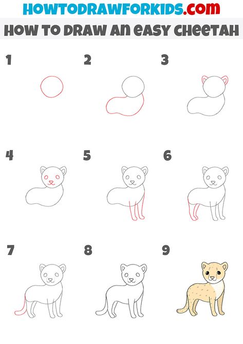 How to Draw an Easy Cheetah Step by Step - Easy Drawing Tutorial For Kids Easy Wild Animal Drawings, Puma Drawing Easy, How To Draw A Cheetah Easy, Cheetah Cute Drawing, How To Draw Zoo Animals Step By Step, How To Draw A Cheetah Step By Step, How To Draw Cheetah, How To Draw A Cheetah, Cheetah Drawing Easy