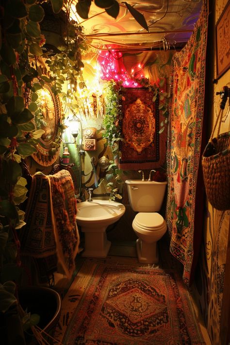 70 Aesthetic Room, 70s Style Decor Interior Design, Gypsycore Decor, Hobo Room, Hippie House Aesthetic, Hippie Bathroom Ideas, Hippy Bathroom, Cosy Apartment Aesthetic, Maximalist Curtains