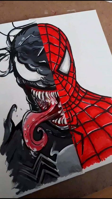 Marvel Marker Art, Spiderman Marker Drawing, Venom Painting Easy, Marvel Painting Ideas On Canvas, Venom Painting, Spiderman Video, Spiderman Canvas, Spiderman Painting, Sick Drawings