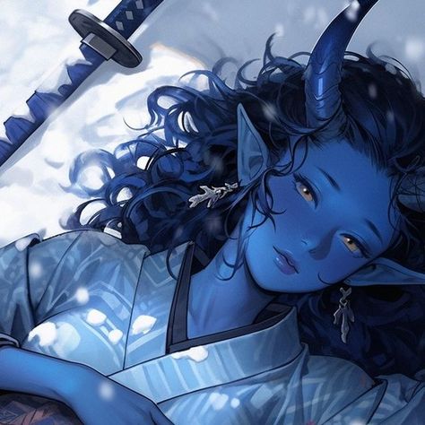 AloeKado on Instagram: "Blue Female Tiefling Way of the Kensei Monk 😈💃⚔ She is called the Blue Oni from the North💙 🥑You can support me by Subscribing to my page🥑 Note that this image is created with the help of AI❗ You are welcome to use this in your campaign if you tell me the characters name. 🎲 #aloekado 🎲 #midjourney #midjourneyart #generativeart #aiart #aiartcommunity #art #artwork 🎲 #dndcharacter #dndportrait #fantasy #dnd #fantasycreature #fantasycharacter #female #beautiful #tiefling #blue #draenei #oni #kimono #kensei #ninja #samurai #warrior #sword #katana #snow #winter" Blue Oni, Blue Tiefling Female, Blue Tiefling, Blue Tiefling Woman, Purple Tiefling, Tiefling Female Purple Skin, Purple Tiefling Female Bard, Tiefling Female, Tiefling Bard