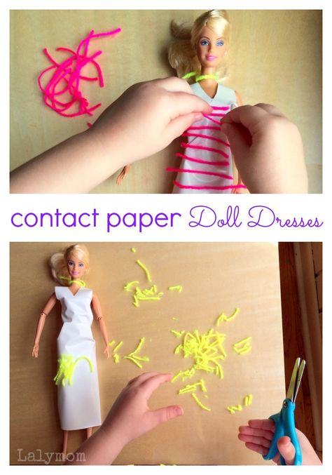 Contact Paper Doll Dresses for Barbie and other figures. Great pretend play and fine motor skills practice! What Barbie lover would not love this! Playdate Ideas, Paper Doll Dresses, How To Make Doll, Make Doll, Play Activity, Child Health, Motor Development, Diy Light, Paper Doll Dress