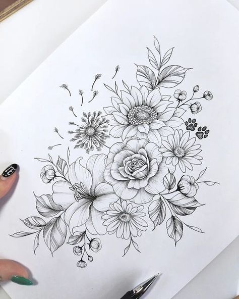 Black And Grey Floral Tattoo Forearm, Tiger Lily And Rose Tattoo, Floral Tattoo Design Fine Line, Thigh Floral Tattoos Women, Flower Tattoo On Back Shoulder, Wildflower Arm Tattoo, Sun And Flowers Tattoo, Floral Leg Tattoos For Women, Floral Cover Up Tattoo