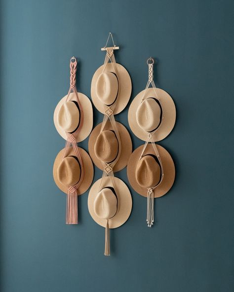 Tired of your hats collecting dust on a shelf? Our macrame hat holder is the perfect solution! Explore more at our website BeanDaikon.com or feel free to reach out to us directly! #BeanDaikon #MacrameHanger #HomeDecor #FreshVibes #HomeMade #HomeDecor #InteriorDesign #MacrameLove #HomeDecorIdeas #UniqueGifts #HomeDesignInspiration #HandmadeDecor #BohemianChic #HatHanger #HatHolder Cowboy Hat Display, Macrame Hat Holder, Macrame Hat, Cap Wall, Elk Horn, Wall Hats, Mobile Home Decorating, Hanging Hats, Hippie Homes