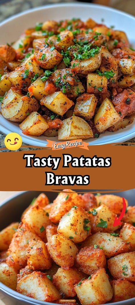 Dive into the bold flavors of Spain with Patatas Bravas, a beloved tapas dish featuring cubes of potato fried to perfection and topped with a spicy tomato sauce and aioli. This dish is a staple in Spanish cuisine, perfect for sharing and guaranteed to spice up any meal. #PatatasBravas #SpanishCuisine #Tapas Potatoes Bravas Recipes, Potato Bravas Spanish Tapas, Tomato Potato Recipe, Bravas Potatoes, Potatoes Bravas, Spanish Side Dishes, Potato Bravas, Portuguese Potatoes, Potato Tomato Recipe