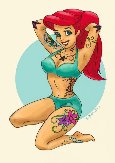 Ariel Disney Gone Bad, Emo Disney, Evvi Art, Disney Pin Up, Goth Disney, Punk Disney Princesses, Disney Princess Tattoo, Princess Tattoo, Alternative Disney