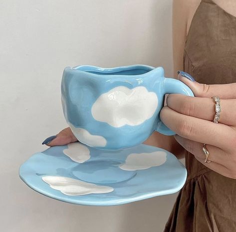 Cloud Ceramic, Cloud Coffee, Mug And Saucer, Big Coffee Mugs, Blue Coffee Mugs, Cute Coffee Mugs, Cute Coffee, Blue Clouds, Coffee Cups And Saucers