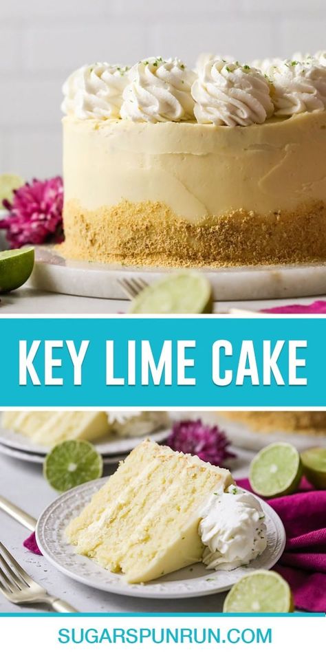 Inspired by key lime pie, my key lime cake is so refreshing! It's made with three moist, sweet vanilla cake layers, a tart key lime frosting, and dollops of whipped cream. Recipe includes a how-to video! Bonefish Grill Key Lime Cake Recipe, Key Lime Cake Recipe From Scratch, Key Lime Frosting, Key Lime Pie Cake, Key Lime Cake Recipe, Lime Frosting, Lime Cake Recipe, Key Lime Recipes, Key Lime Desserts