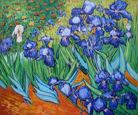 Framed Van Gogh Irises Field Repro, High Q. Hand Painted Oil Painting Van Gogh Flowers, Artist Van Gogh, Van Gogh Painting, Van Gogh Irises, Iris Painting, Vincent Van Gogh Paintings, Art Details, Tiny Cottage, Van Gogh Paintings