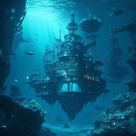 Undersea Kingdom Aesthetic, Fantasy Sea Kingdom, Water Town Fantasy Art, Under Water City Fantasy Art, Ocean Kingdom Fantasy Art, Underwater Castle Fantasy Art, Underwater Palace Fantasy Concept Art, Water World Fantasy Art, Water Fantasy World