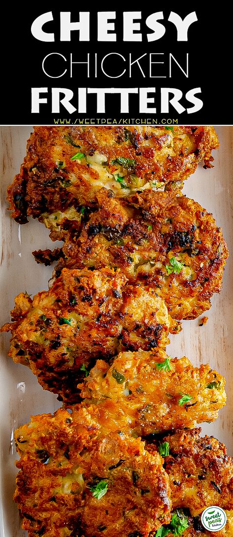 Cheesy Chicken Fritters, Cheesey Chicken, Chicken Fritters Recipe, Chicken Patty Recipes, Chicken Fritters, Fried Pickles Recipe, Chicken Croquettes, Sweet Potato Fritters, Texas Caviar