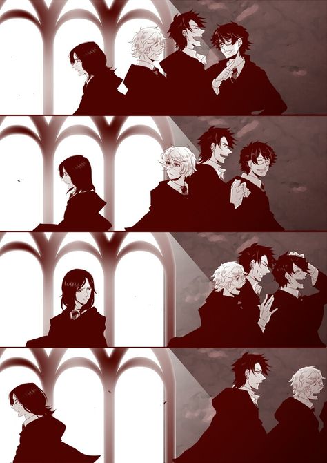 the marauders and snape <-- Looks more like Sirius and Regulus to me <-- I never really pictured Regulus with longer hair. Meme Harry Potter, Snape Fan Art, Severus Snape Fanart, Severus Rogue, Snape Harry Potter, Snape Harry, Harry Potter Images, Images Harry Potter, Harry Potter Comics