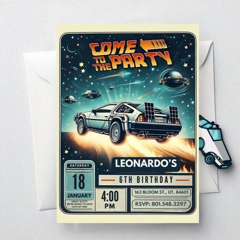 Take your birthday celebration Back to the Future with our digital birthday invitation! Perfect for fans of the iconic movie, this invitation combines retro charm with futuristic flair. With five unique designs to choose from, you can customize the vibe of your party announcement to suit your style. Each design captures the spirit of the 1980s while offering a modern touch, making it a standout choice for kids and adults alike. This digital product is fully customizable, allowing you to easily add your party details. Simply choose your favorite design, provide your information, and receive a high-quality digital file ready to print or share online. What you'll get: * Digital File: You will receive a high-resolution digital file (JPG or PDF) that you can easily print at home or send electro Back To The Future Birthday Party, Back To The Future Birthday, Back To The Future Party, Great Scott, Kids Birthday Party Ideas, Retro Future, 6th Birthday Parties, Party Printable, Party Details