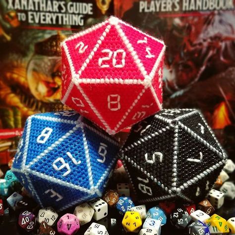 NEW! Large D20s! www.geekycutecrochet.com Geek Girl, Plastic Canvas Ornaments, D20 Dice, Geek Crafts, Geek Decor, Crochet Bucket Hat, Pixel Pattern, Geek Gifts, Gamer Gifts