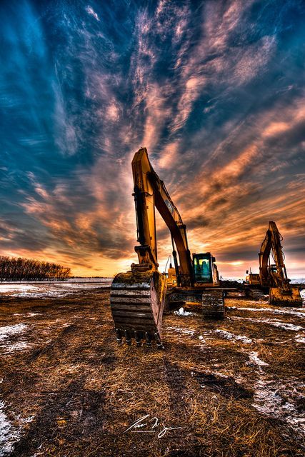 Dawn Machinery | An HDR composition of exavating machinery contrast against the morning winter sky | by IanDMcGregor on Flickr #constructionequipment Construction Images, Equipment Operator, Heavy Equipment Operator, Caterpillar Equipment, Cat Excavator, Heavy Construction Equipment, Construction Machines, Winter Sky, Mining Equipment