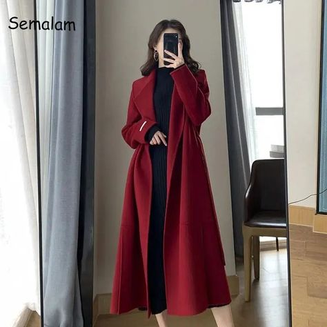 Smarter Shopping, Better Living! Aliexpress.com Red Coat Outfit, Korea Fits, Long Wool Coat Women, Study Outfit, Red Long Coat, Modest Fashion Ideas, Beige Wool Coat, Vampire Oc, Long Coat Outfit