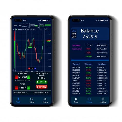 Trading on a smartphone screen, binary o... | Premium Vector #Freepik #vector #money #phone #chart #marketing Trading Screen, Stock Marketing, Money Phone, Simple Flyer, Binary Options, Bar Graphs, Online Trading, Stock Exchange, Business Presentation