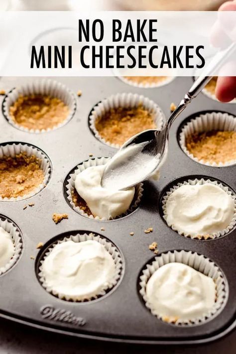 These no bake mini cheesecake bites with crunchy graham cracker crusts are perfect for when you don't want to turn on the oven or just want to whip up quick bites of cheesecake for individual servings. Top with your favorite sauces, curds, jams, fruits, or whipped cream. | no bake mini cheesecake bites recipe | no bake mini strawberry cheesecake bites | mini desserts easy no bake cheesecake bites | mini cheesecake bites recipes | mini cheesecake bites easy | mini cheesecake bites no bake Mini Cup Cheesecake, Easy Individual Cheesecakes, Phyllo Cup Cheesecake Bites, Easy Cheesecake Recipes No Bake Mini, Cherry Cheesecake Bites No Bake, Cheesecake Mini Bites, Small Cheesecake Minis, No Bake Cherry Cheesecake Cups, No Bake Dessert Bites