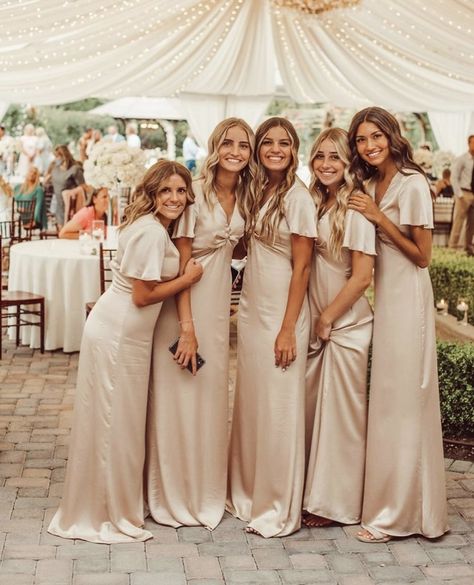 Champagne Wedding Theme Bridesmaid Dress, Long Sleeve Bridesmaid Dress Beige, Champagne Bridesmaid Dresses Sleeves, Satin Sand Bridesmaid Dresses, Champagne Brides Maids Dresses, Gold Bridesmaid Dresses Modest, Clean Bridesmaid Dresses, Different Color Maid Of Honor Dress, Bridesmaids Cream Dresses