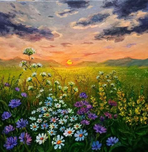 Mountain Flowers Painting, Landscape Paintings Flowers, Spring Landscape Paintings, Flower Meadow Painting, Field Of Flowers Painting, Wild Flower Painting, Flower Garden Painting, Flower Field Painting, Easy Flower Painting