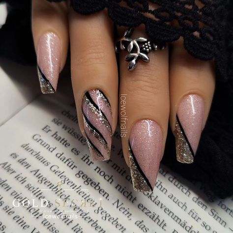 2. Glamorous Pink and Black Glitter Stripes Pink Black And Gold Nails, New Years Eve Nails Black, Black Glitter Nail Designs, Nails Black And Pink, Pink Gold Nails, Black Glitter Nails, Black And Gold Nails, Glitter Nail Designs, Long Almond Nails