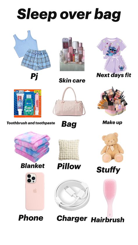 Idea what to bring for sleepover Sleepover Packing, Sleepover Packing List, Trip Essentials Packing Lists, Teen Sleepover Ideas, Fun Sleepover Activities, Road Trip Bag, Sleepover Essentials, Sleep Over Ideas, Sleepover Tips