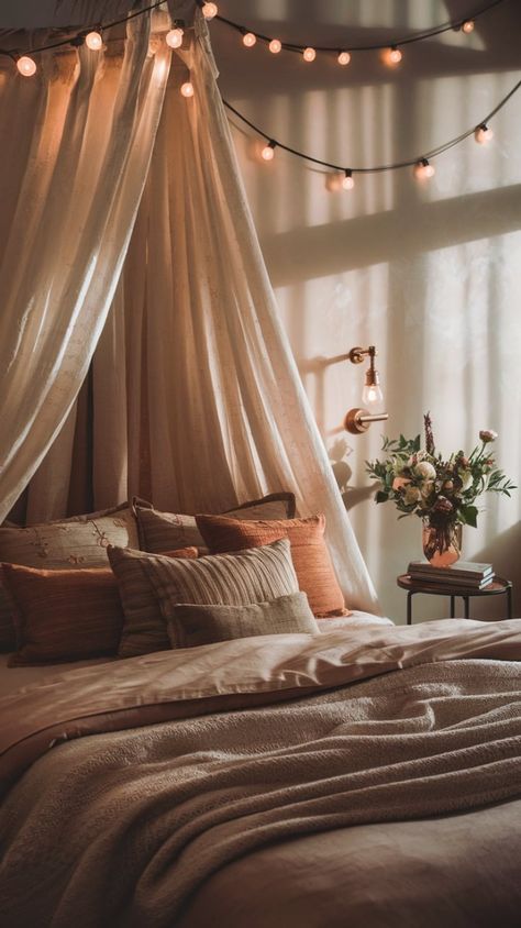 Dreamy Bedrooms Romantic, Dreamy Room Cozy Bedroom, Cozy Bedroom Lighting, Bedroom Romantic, Fall Bedroom Ideas, Luxurious Bedding, Cozy Fall Bedroom, Romantic Dream, Room Cozy