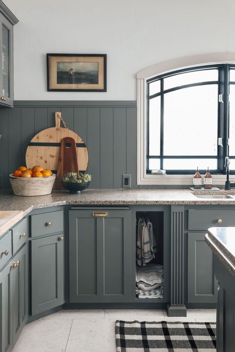 Phase 1 kitchen remodel! I love the dusty blue color of this paint and the intermediate shelves they have for extra storage! Beadboard Kitchen Backsplash, Modern Cottage Kitchen, Beadboard Kitchen, Kitchen Cabinet Color Ideas, Grey Kitchen Designs, Chris Loves Julia, Modern Cottage, Up House, Kitchen Cabinet Colors