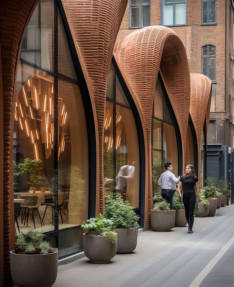 Brick Cafe Exterior, Unique Windows Architecture, Hotel Modern Architecture, Parametric Brick Facade, Big Hall Design, Old School Architecture, Unique Exterior Design, Restaurant Architecture Exterior, Metal Facade Architecture Design