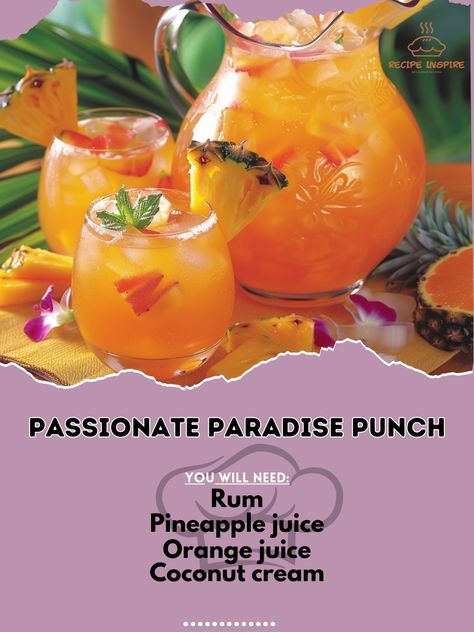 🍹 Dive into paradise with Passionate Paradise Punch! 🍹🌴 #PassionateParadisePunch #TropicalDelight Passionate Paradise Punch Ingredients: Rum (1 cup) Pineapple juice (1 cup) Orange juice (1/2 cup) Coconut cream (1/4 cup) Grenadine (1/4 cup) Ice cubes Pineapple slices (for garnish) Instructions: In a large pitcher, combine rum, pineapple juice, orange juice, coconut cream, and grenadine. Stir well and refrigerate for 1 hour. Serve over ice cubes. Garnish with pineapple slices. Enjoy a sip o... Coconut Punch, Paradise Punch, Juice Coconut, Liquor Recipes, Cocktail Party Food, Yummy Alcoholic Drinks, Liquor Drinks, Pineapple Slices, Snack Treat