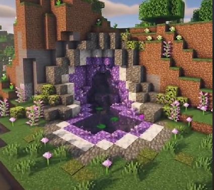 Minecraft Glowberry Ideas, Minecraft Cherry Blossom Roof, Waterfall Pond Minecraft, Minecraft Building Ideas List Survival, Minecraft Wall Aquarium, Minecraft Twilight Forest Portal Ideas, Crystal Cave Minecraft, Minecraft Lore Builds, Heart Shaped Pond Minecraft